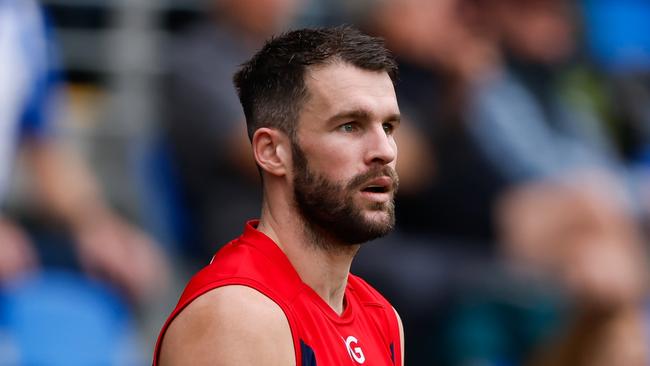 HOBART, AUSTRALIA - AUGUST 6: Joel Smith of the Demons looks on during the 2023 AFL Round 21 match between the North Melbourne Kangaroos and the Melbourne Demons at Blundstone Arena on August 6, 2023 in Hobart, Australia. (Photo by Dylan Burns/AFL Photos)