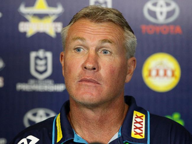 Titans coach Garth Brennan during a media conference after the Round 8 NRL match between the North Queensland Cowboys and the Gold Coast Titans at 1300SMILES Stadium in Townsville, Friday, May 3, 2019. (AAP Image/Michael Chambers) NO ARCHIVING, EDITORIAL USE ONLY