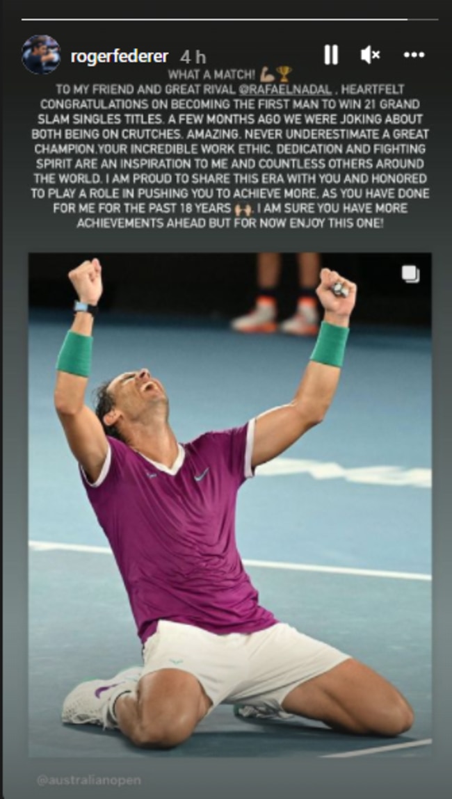 Roger Federer’s Instagram post praising Rafael Nadal.