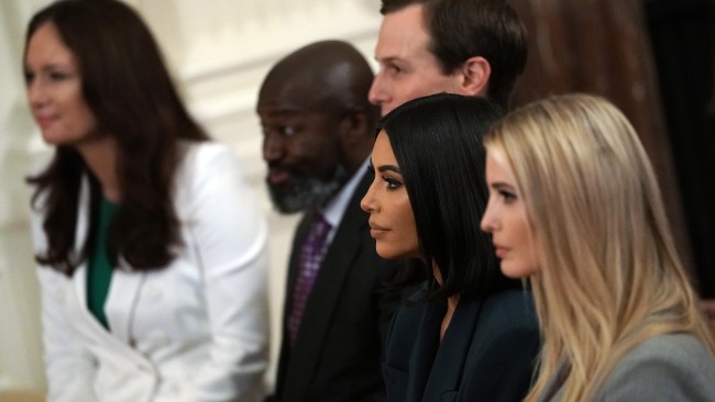 Kim Kardashian West sits with Ivanka Trump and Jared Kushner during an East Room event on “second chance hiring” June 13, 2019 at the White House in Washington, DC. President Donald Trump held the event to highlight the achievements on Second Chance hiring and workforce development. Picture: Alex Wong/Getty Images