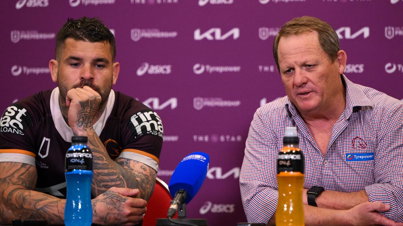 Adam Reynolds and Kevin Walters at the press conference after the Brisbane Broncos v Parramatta Eels game at Suncorp Stadium. Picture: NRL Images