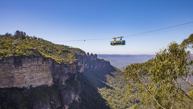 The Skyway cabin at Scenic World Katoomba passes over the Jamison Valley in the Blue Mountains. Picture: Destination NSW