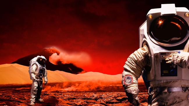 An artist’s impression of astronauts on the surface of the planet Mars.