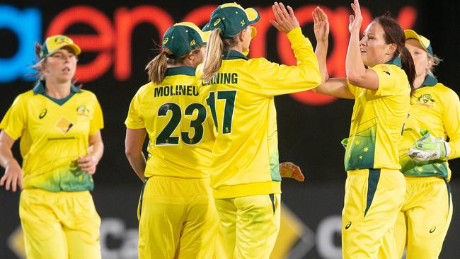 Megan Schutt celebrates a wicket with her Aussie teammates against New Zealand im September. Picture: AAP Image/Steve Christo