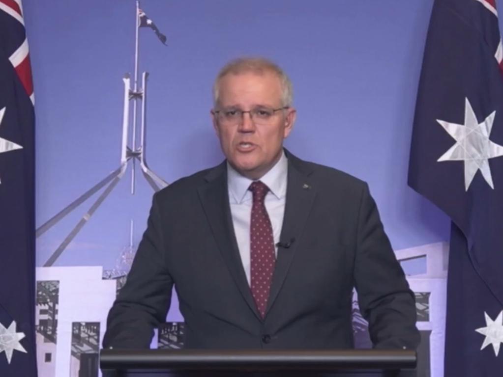 Prime Minister Scott Morrison as he made the vaccine announcement on Monday night.