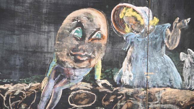 One drawing depicts Humpty Dumpty having a yarn with little Miss Muffet.