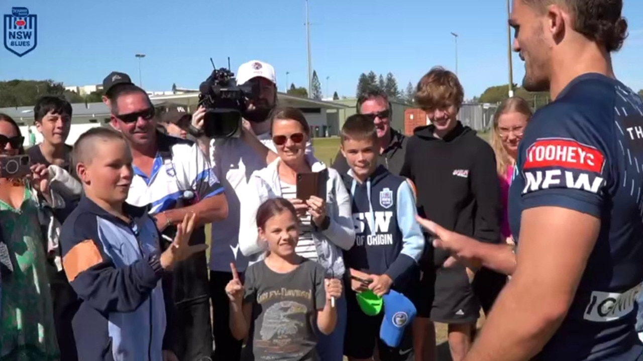 Max Green swept Nathan Cleary in a game of scissors, paper, rock to win the Blues star’s Origin boots. Picture: NSWRL