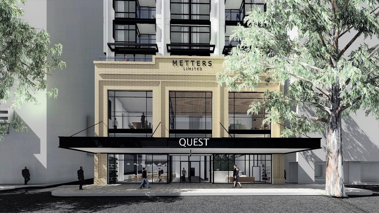 The proposed Quest apartment building at 100 North Tce, Adelaide, will preserve the facade of the 1920s Metters Building. Picture: Mavtect Designs
