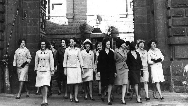 Girls of the Emily McPherson College of Domestic Economy leave the Gaol in 1966.