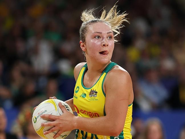 PERTH, AUSTRALIA - OCTOBER 27: Georgie Horjus of Australia in action during game three of the Constellation Cup between Australia Diamonds and Silver Ferns at RAC Arena on October 27, 2024 in Perth, Australia. (Photo by Paul Kane/Getty Images)