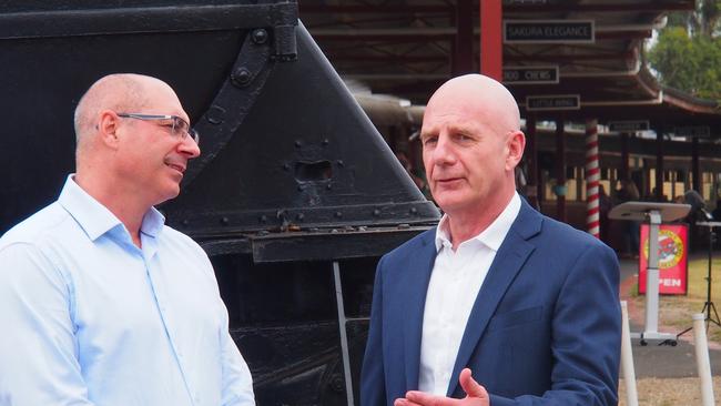 Liberal candidate for the Legislative Council division of Huon Aldo Antolli with Tasmanian Premier Peter Gutwein at the Margate Train on Sunday, February 27, 2022.