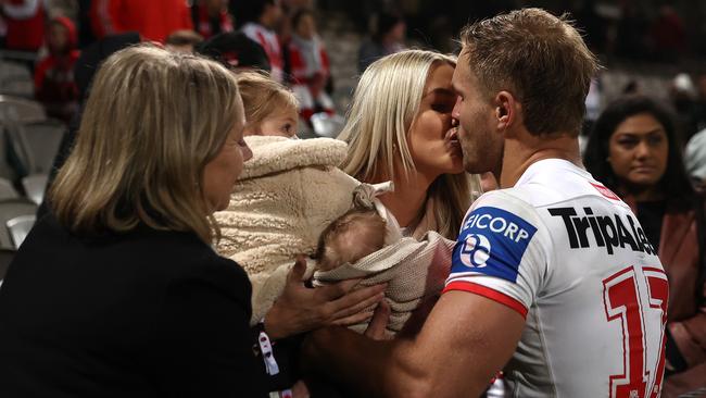 SYDNEY, AUSTRALIA - JUNE 03: Jack De Belin of the Dragons kisses his partner after the round 13 NRL match between the St George Illawarra Dragons and the Brisbane Broncos at Netstrata Jubilee Stadium on June 03, 2021, in Sydney, Australia. (Photo by Cameron Spencer/Getty Images)