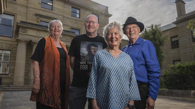 Former senator Margaret Reynolds, Professor Hamish Maxwell-Stewart, Lucy Frost from Digital History Tasmania and architect Robert Morris-Nunn at the Treasury complex on Murray St. Picture: Caroline Tan