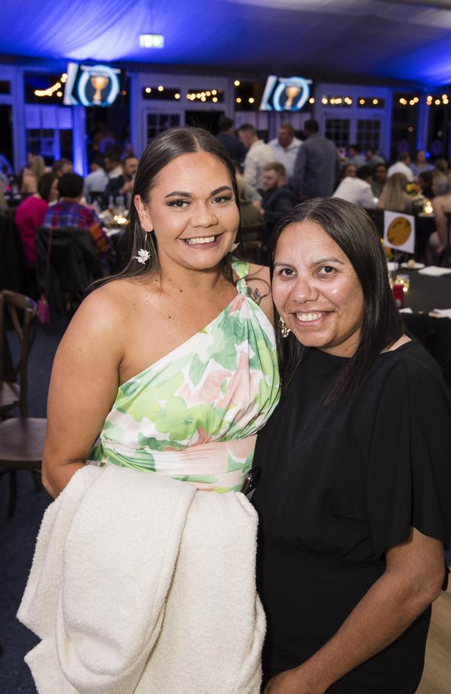 Rikki-Lee Boney (left) representing Gatton and Jasmine Clevin representing Newtown at the TRL awards night at Clifford Park Racecourse, Friday, September 8, 2023. Picture: Kevin Farmer