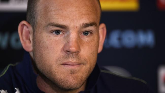 Australia's hooker and captain Stephen Moore attends a press conference in Bath, south west England on September 21, 2015 ahead of their opening Rugby World Cup 2015 match against Fiji on Wednesday. AFP PHOTO / MARTIN BUREAU RESTRICTED TO EDITORIAL USE