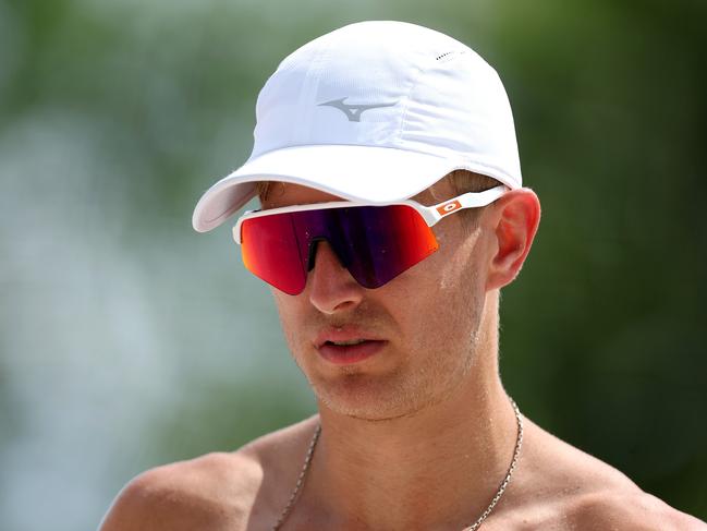 CORRECTED VERSION PARIS, FRANCE - JULY 25: Steven Van de Velde of Team Netherlands looks on during a Beach Volleyball training session on Day-1 of the Olympic Games Paris 2024 at the Eiffel Tower Stadium on July 25, 2024 in Paris, France. (Photo by Michael Reaves/Getty Images)