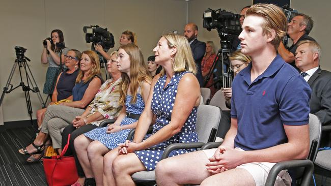 The family of Will Hodgman watch as he addresses the media to announce he will resign as Premier. Picture: Zak Simmonds