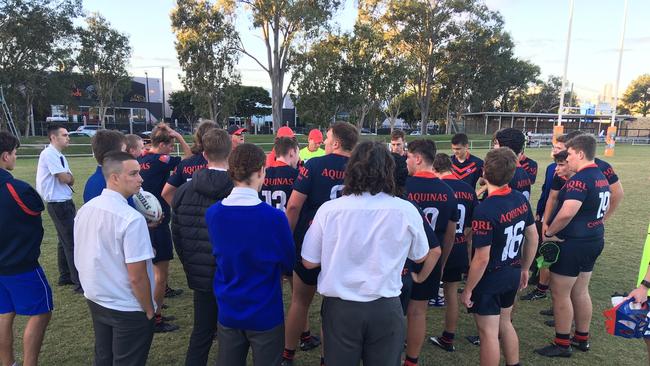 Aquinas College have a break at halftime.