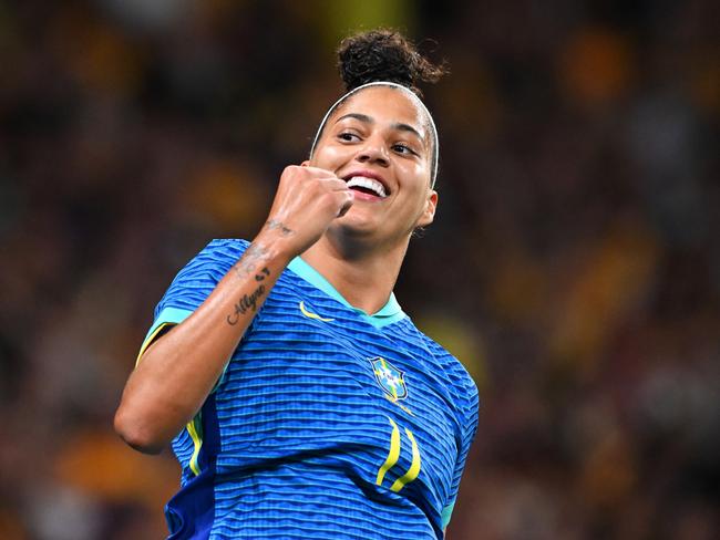 BRISBANE, AUSTRALIA - NOVEMBER 28: Amanda Gutierres of Brazil celebrates after scoring the teams first goal during the International Friendly match between the Matildas and Brazil at Suncorp Stadium on November 28, 2024 in Brisbane, Australia. (Photo by Bradley Kanaris/Getty Images)