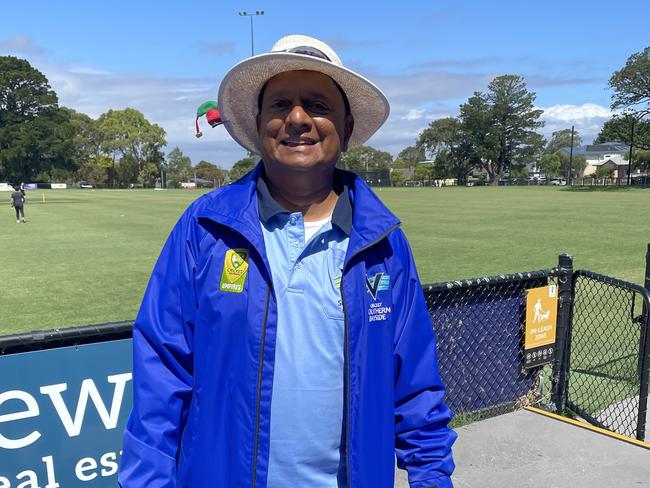 Umpire Cliff D’Souza during his 800th game on Saturday.