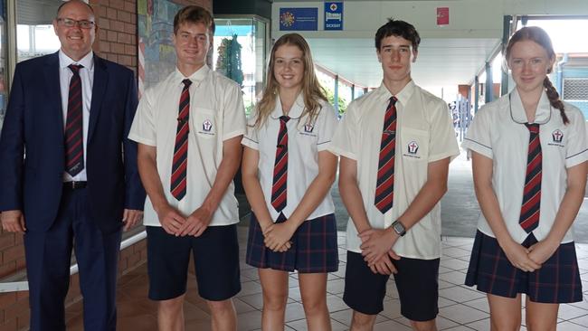 Bishop Druitt College principal Nick Johnstone and Year 10 students Tom Couper, Molly Williams, Jaxon Donoghue and Ruby Smith. Picture: Chris Knight