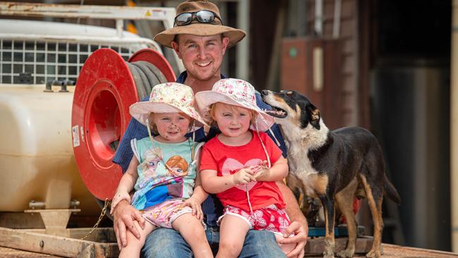 Dan Campbell and twin daughters Bree and Lucie and their dog Dot. Picture: Jason Edwards