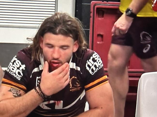 Carrigan in the Broncos sheds after the game. Picture: Fox League