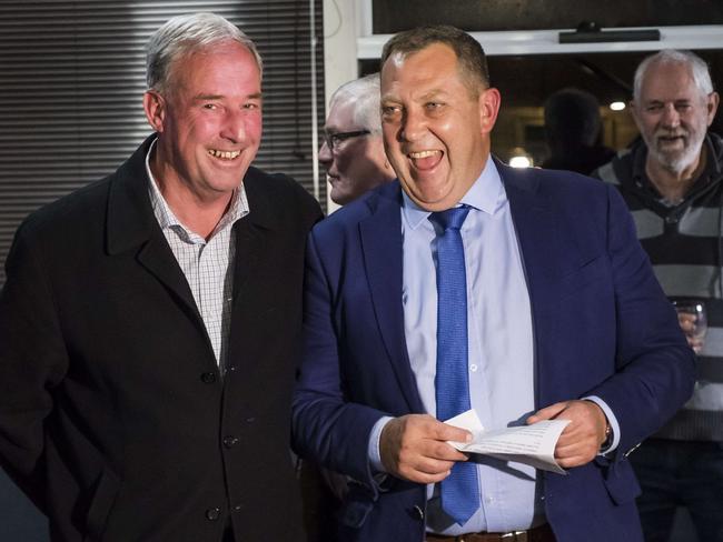 Newly elected Liberal MP for Braddon in Tasmania, Gavin Pearce, is congratulated by Liberal Senator Richard Colbeck at party function in Burnie. Picture: Chris Crerar