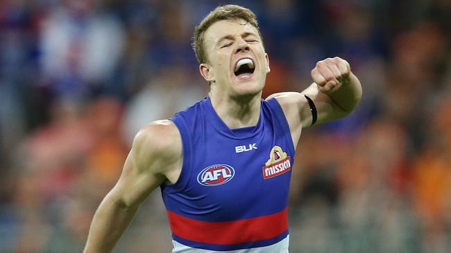 Jack Macrae celebrates his match-winning goal. Picture: Michael Klein