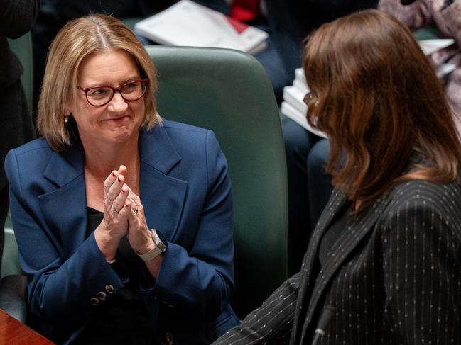 Jacinta Allan applauds after Jaclyn Symes delivered her first budget speech. Picture: Asanka Ratnayake