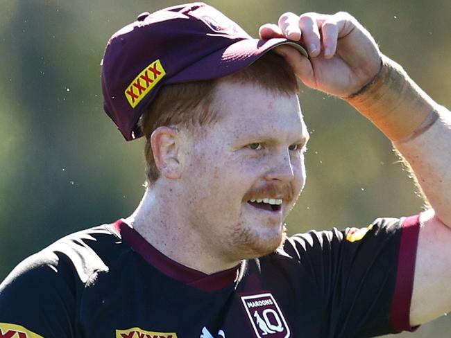 GOLD COAST, AUSTRALIA - JULY 08: Corey Horsburgh looks on during a Queensland Maroons State of Origin training session at Sanctuary Cove on July 08, 2023 in Gold Coast, Australia. (Photo by Chris Hyde/Getty Images)