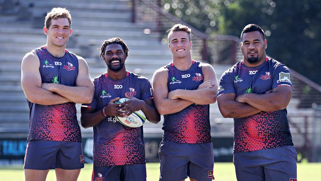 Young Reds players Angus Scott-Young, Hamish Stewart, Moses Sorovi and Taniela Tupou at Ballymore. Picture: Annette Dew