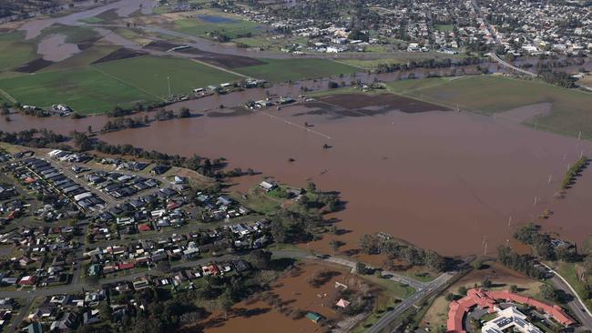 Flooding in and around Singleton during a survey by helicopter by NSW Premier Dominic Perrottet and Minister for Emergency Services and Resilience and Minister for Flood Recovery Steph Cooke. Picture: David Swift