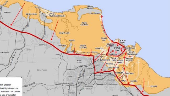 The evacuation plan shows residents would be directed to the high ground of Castle Hill and south towards the Bruce Highway. Photo Emergency Action Plan—Ross River Dam