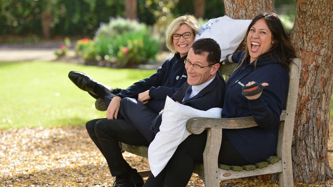 CEO Sleep Out at Government House Grounds. Cathy Beaton president of Vinnies, Anthony Casey Director of CMV Group and Kate Cebrano test out one of the benches for the CEO Sleep Out. Picture Mark Brake