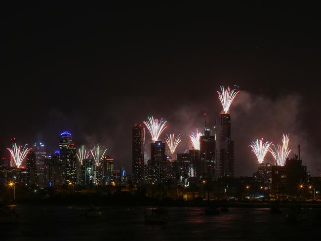 The midnight fireworks from St Kilda beach. Picture: Martin Keep