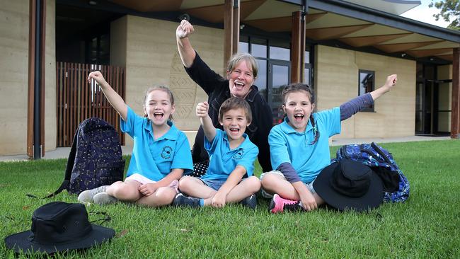 Clifton Creek Primary School principal Sue Paul celebrates the $80,000 donation with students Aleyah Howe, Andrew Howe and Lilly Cooper. Picture Yuri Kouzmin