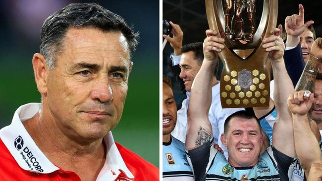 Dragons coach Shane Flanagan and the 2016 premiership. Photos: Getty Images/AAP