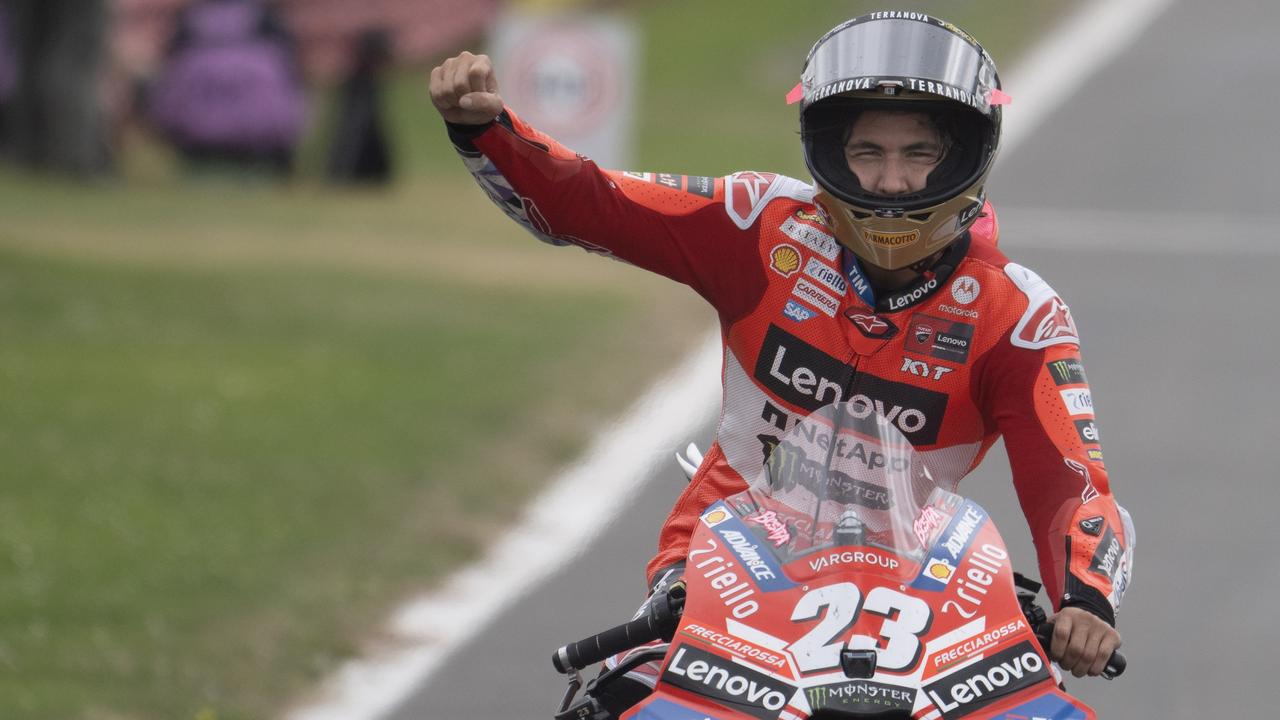 NORTHAMPTON, ENGLAND - AUGUST 04: Enea Bastianini of Italy and Ducati Lenovo Team celebrates the victory during the MotoGP race during the MotoGP Of Great Britain - Race at Silverstone Circuit on August 04, 2024 in Northampton, England. (Photo by Mirco Lazzari gp/Getty Images)