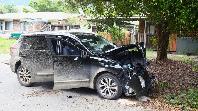 A Haval Jolion stolen from Mount Sheridan has crashed into a tree on McEwen St Mooroobool critically injuring a juvenile passenger in the vehicle. Picture: Peter Carruthers