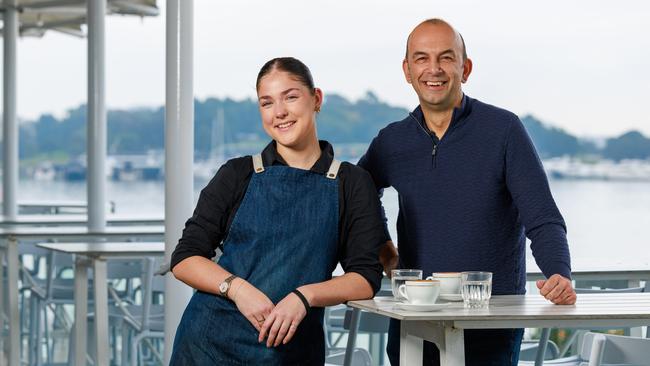 Charli Hughes and Con Dedes, at Watergrill Restaurant, at Sydney Rowing Club, today. The cost of living crisis has seen tipping drop at restaurants. Picture: Justin Lloyd.