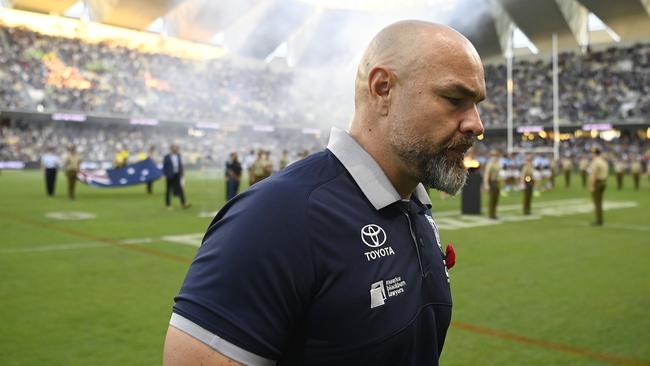 Cowboys coach Todd Payten walks from the field before the start of the round eight NRL match between North Queensland Cowboys and Gold Coast Titans at Queensland Country Bank Stadium, on April 26, 2025, in Townsville, Australia. (Photo by Ian Hitchcock/Getty Images)