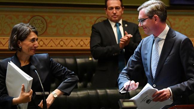 NSW Premier Gladys Berejiklian with NSW Treasurer Dominic Perrottet in parliament. Picture: AAP