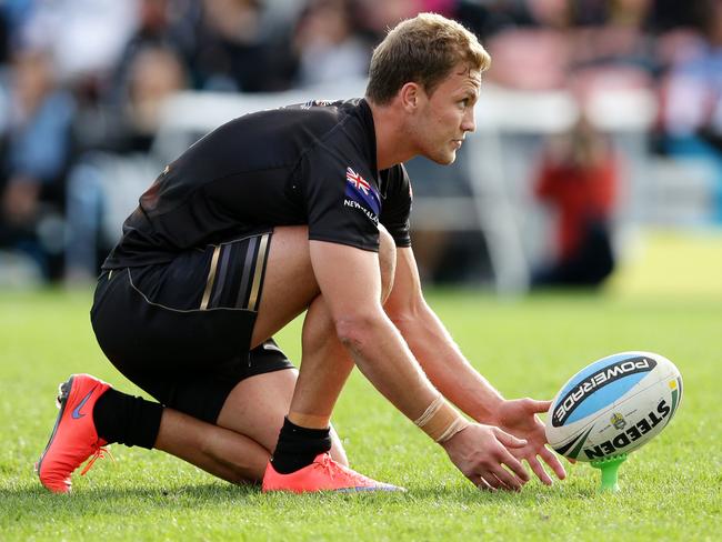 Panther's Matt Moylan lines up a conversion against the Cronulla Sharks at Pepper Stadium, Penrith. Moylan is priced at $383,400. Picture: Gregg Porteous