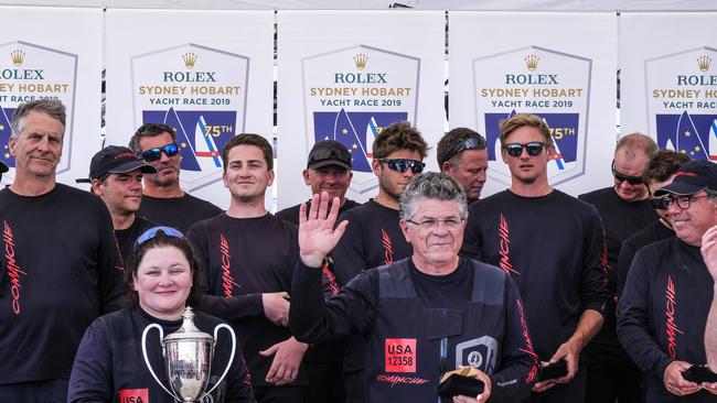 Comanche crew at Constitution Dock after winning. Pic: Chris Crerar/Getty Images.