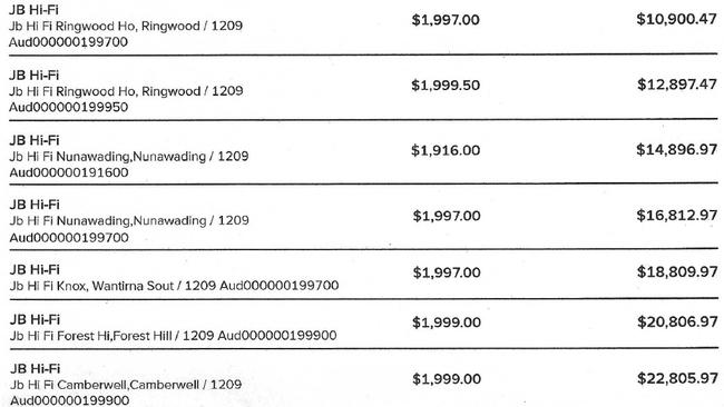 The transactions from Walter's credit card. Picture: Supplied