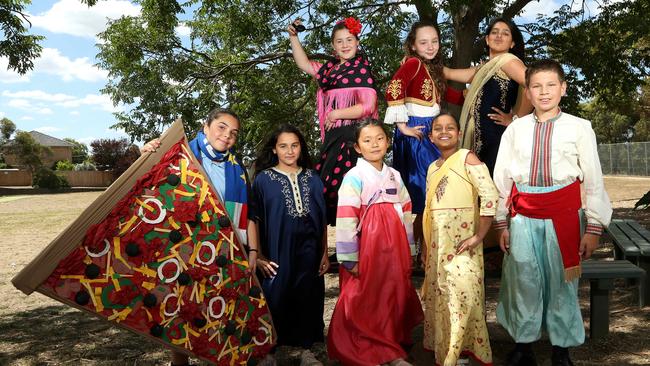 Students dressed to represent the ethos of multiculturalism in Australia. Picture: Hamish Blair