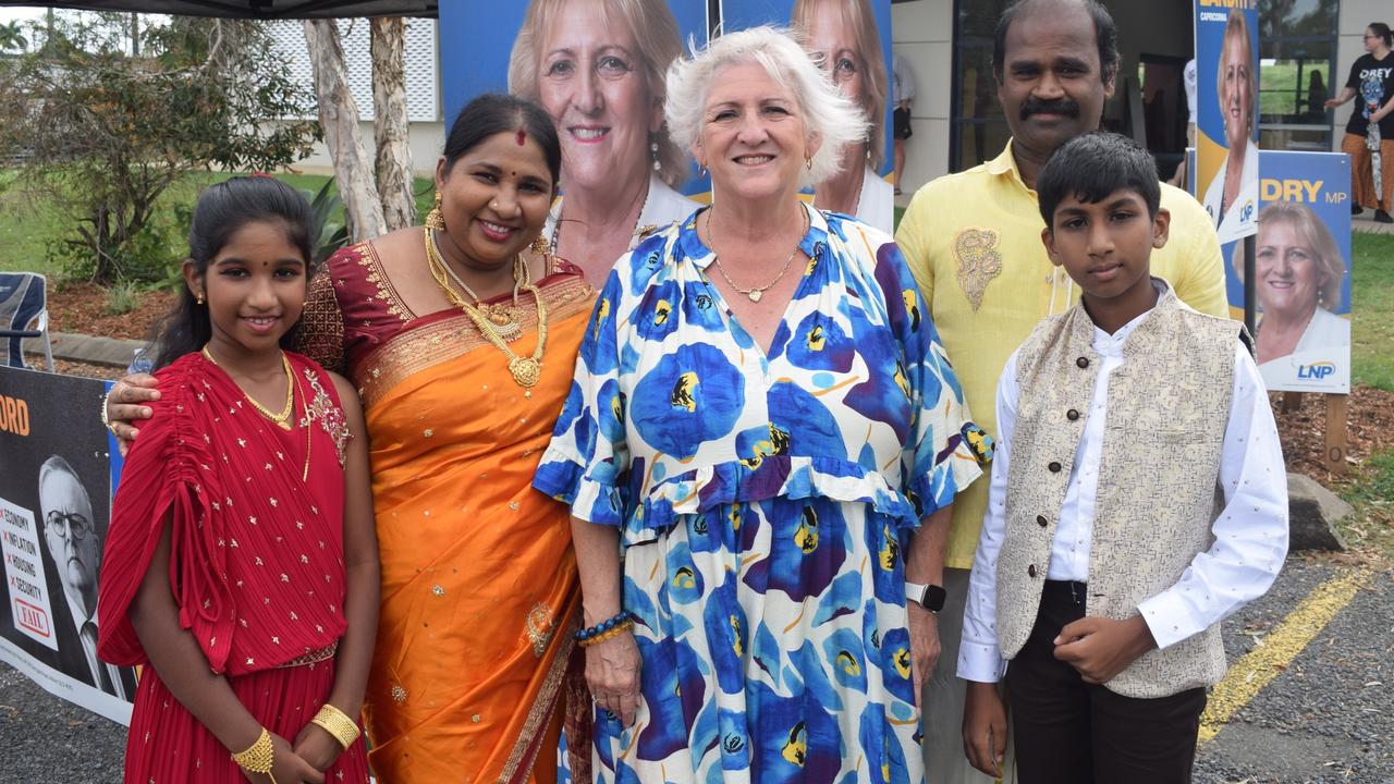 Thanvi Babu, 8, Usha Babu, Michelle Landry, Kathiresan Babu and Mahi Babu, 12 on May 3, 2025 at Frenchville State School.