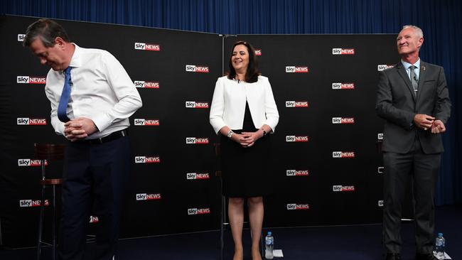 Opposition Leader Tim Nicholls (left), Premier Annastacia Palaszczuk One Nation leader Steve Dickson  at the forum. Picture: Dan Peled/AAP