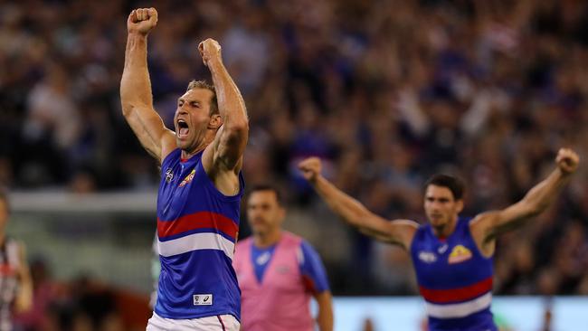 Travis Cloke celebrates his first goal as a Bulldog. Picture: Michael Klein